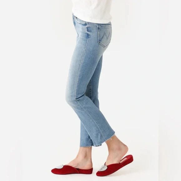 MOTHER The Hustler High Rise cropped Leg Ankle Fray Jeans Au Revoir size 32